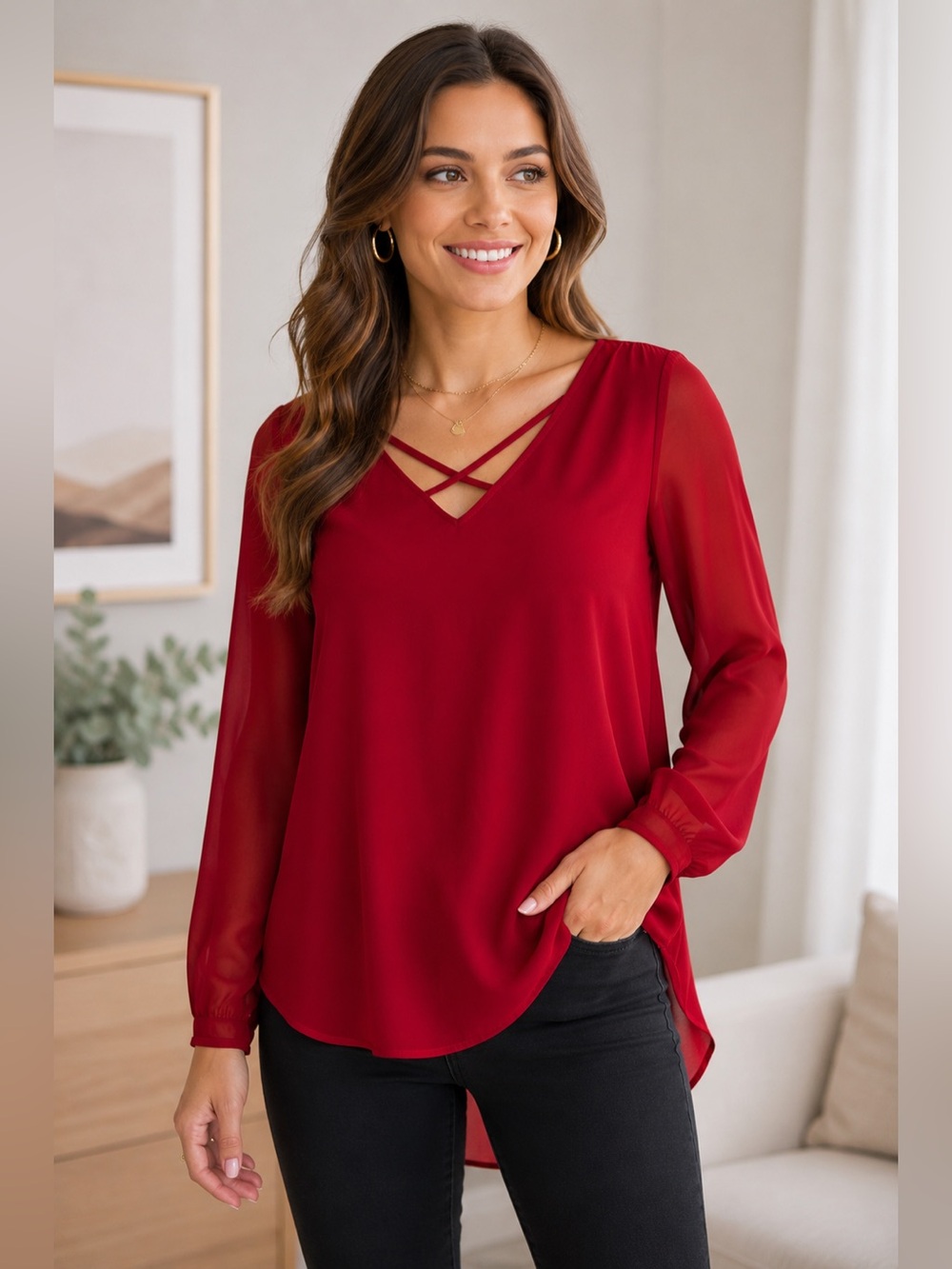 Express Red Medium Blouse Crisscross V Neck Long Sleeve Flowy High Low‎ Top